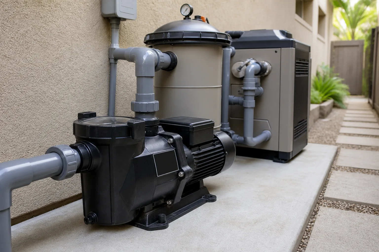 Pool equipment pad — pump and filter system, ready for service