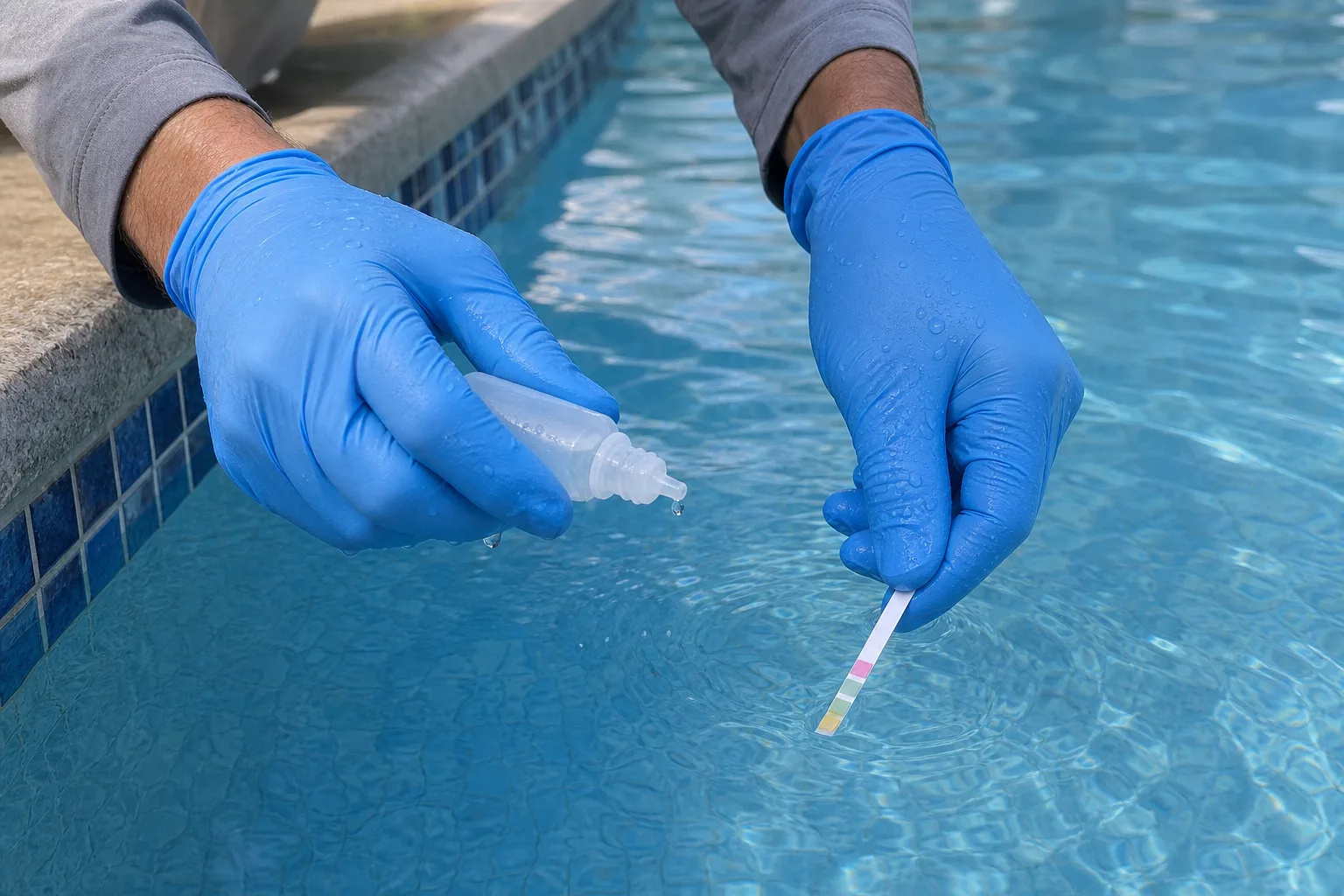Testing pool water chemistry — hands at the pool edge with a test kit