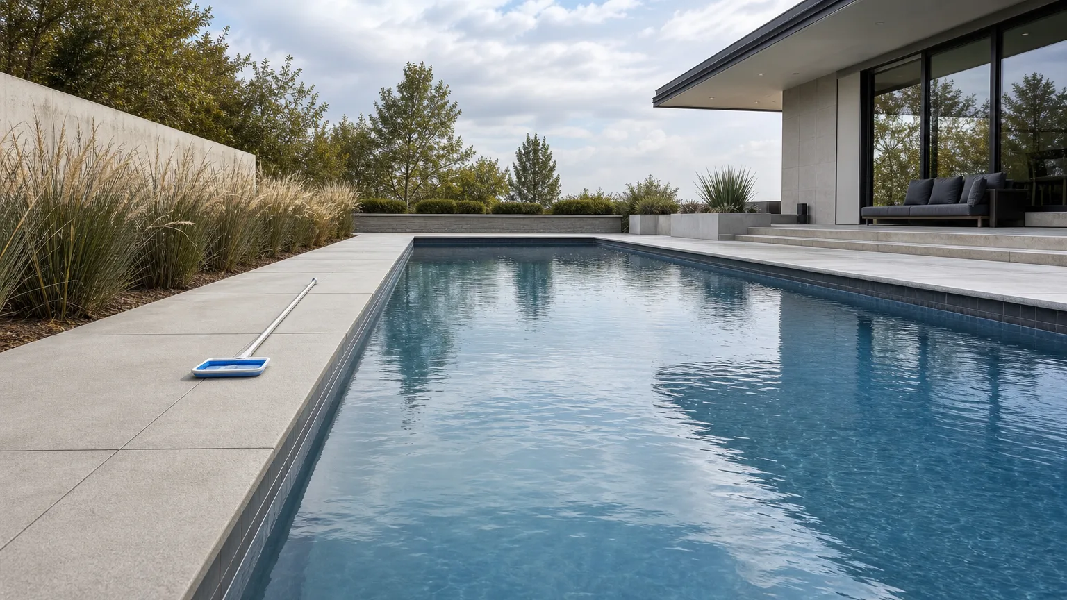 A finished modern rectangular pool with sparkling clean water in daylight — recent Petri Pools remodel.