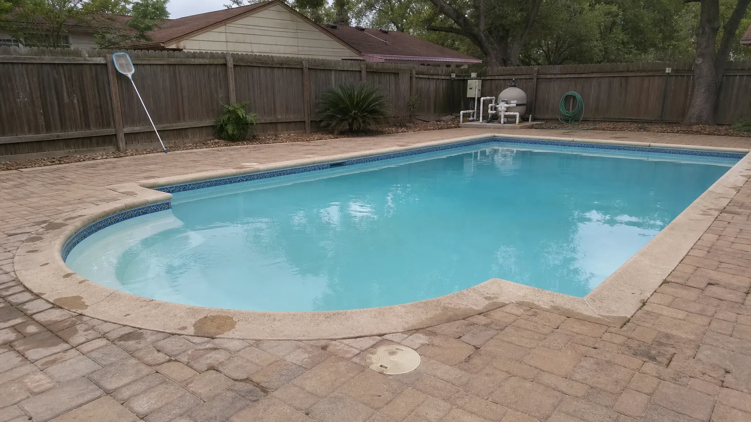 A clean residential pool on an overcast morning — calm flat light, well-maintained deck.